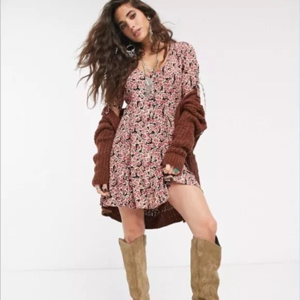 Free People Pink Floral Midi Dress with Brown Cardigan Styling